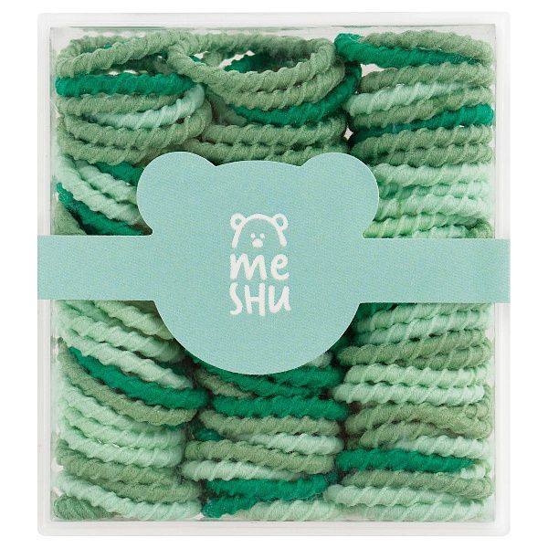 Резинки для волос MESHU, тонкие, зеленые ассорти, диаметр 2см, 90шт., пластиковый бокс
