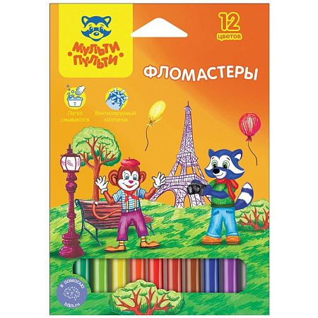 Фломастеры Мульти-Пульти "Енот во Франции", 12цв., смываемые, картон, европодвес