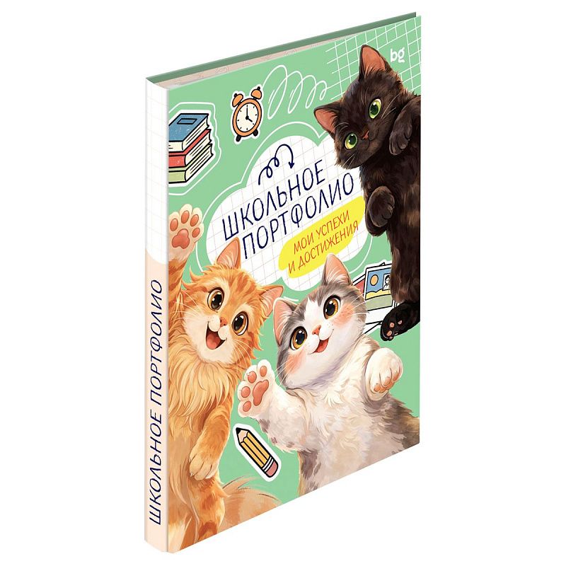 Папка-портфолио 7БЦ А4 BG, на 4 кольцах для школьника "Котята-школьники", 20 файлов, 10 вкладышей. 
