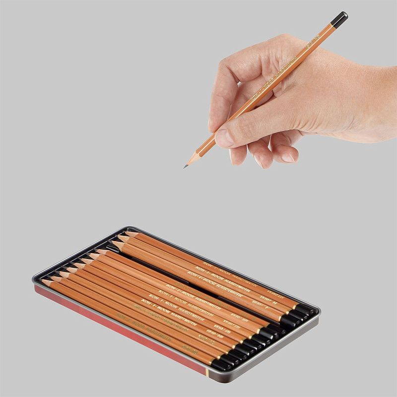 Набор карандашей ч/г Koh-I-Noor "1512" 12шт., 8B-2H, металл. пенал, с неокрашенным корпусом 