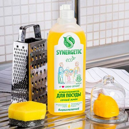 Гель для мытья посуды антибактериальный 1 л, SYNERGETIC "Лимон", дозатор, 103101 