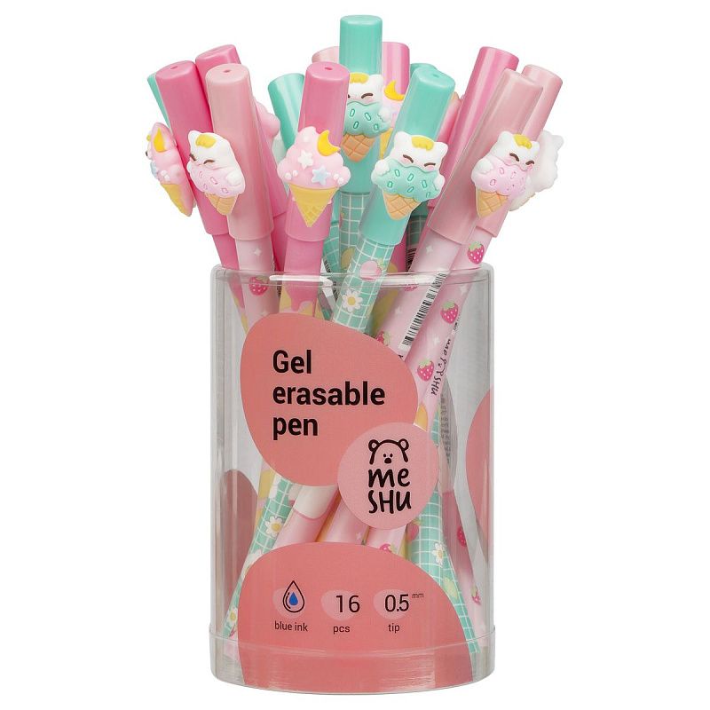 Ручка гелевая стираемая MESHU "Ice cream" синяя, 0,5мм, корпус ассорти, с топпером 