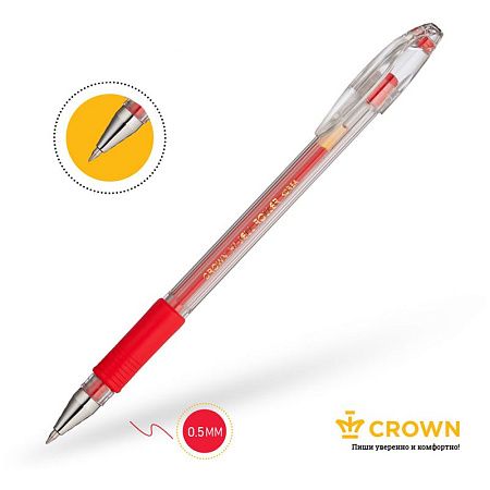 Ручка гелевая Crown "Hi-Jell Grip" красная, 0,5мм, грип 