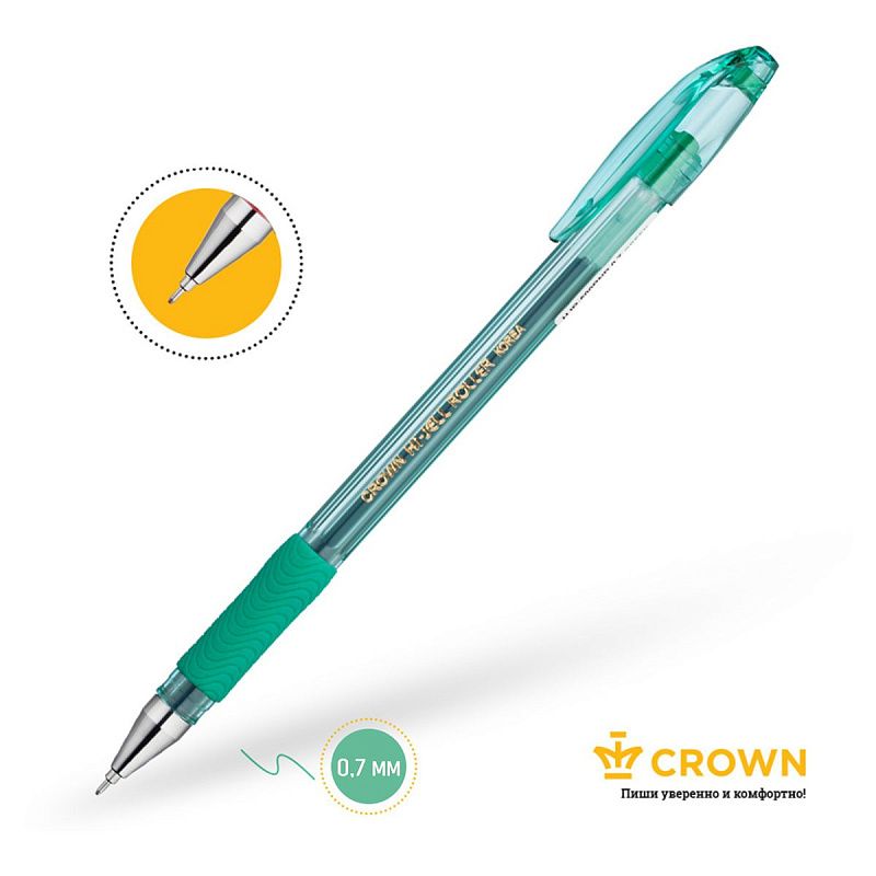Ручка гелевая Crown "Hi-Jell Needle Grip" зеленая, 0,7мм, грип, игольчатый стержень, штрих-код 