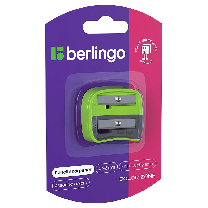 Точилка пластиковая Berlingo "Color Zone Duo", 2 отверстия, для цветных и ч/г карандашей, блистер, ассорти 