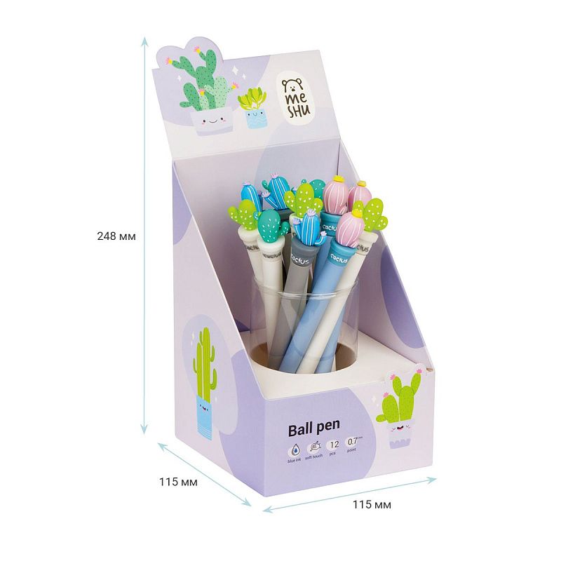Ручка шариковая MESHU "Cute Cactus", синяя, 0,7мм, корпус ассорти, с топпером 