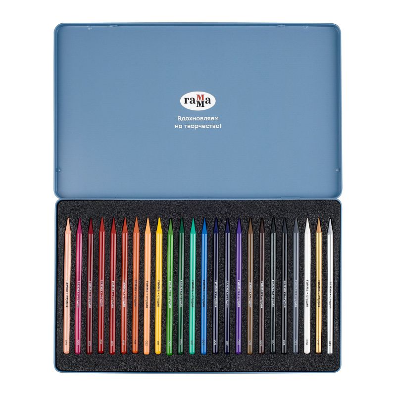 Карандаши цельнографитные цветные Гамма "Студия", 24 цв, заточенный, метал. пенал