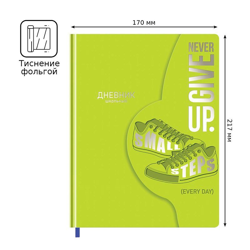 Дневник 1-11 кл. 48л. (твердый) BG "Never give up", иск. кожа, тиснение фольгой, фигурный магнитный клапан, ляссе