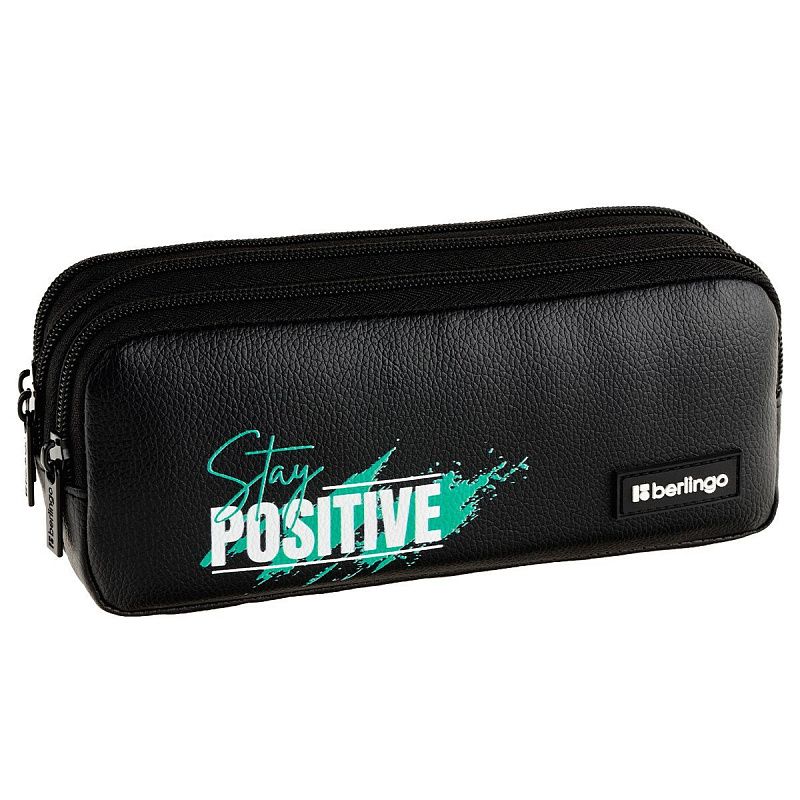 Пенал мягкий 3 отделения, 210*85*55 мм, Berlingo, "Stay positive", полиэстер+экокожа