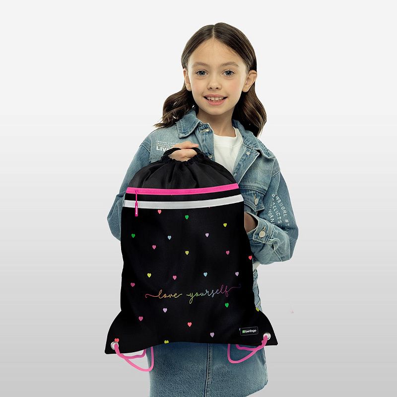 Мешок для обуви 1 отделение Berlingo "Love Yourself", 360*460мм, вентиляционная сеточка , светоотражающая лента, карман на молнии 