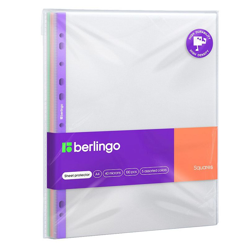Папка-вкладыш с перфорацией Berlingo "Squares", А4, 40мкм, рельефная текстура, матовая, с цветным корешком, ассорти 