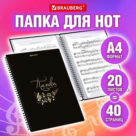Папка-тетрадь для нот А4, 20 вкладышей на 40 страниц, на гребне, пластик, ЧЕРНАЯ, BRAUBERG, 404643