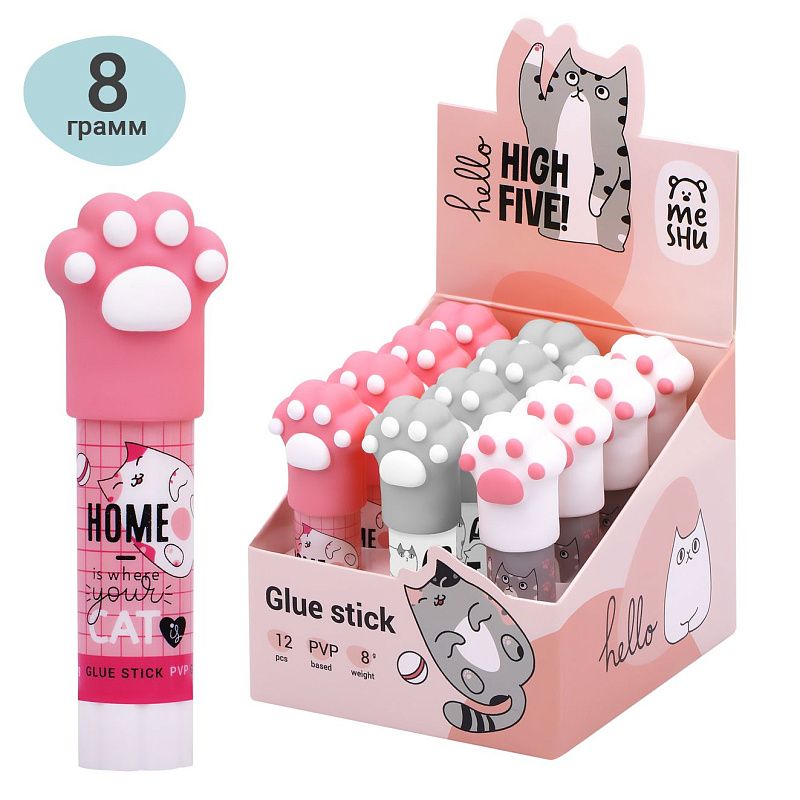 Клей-карандаш MeShu с топпером "Paw" ассорти, 8г., дисплей бокс, ПВП