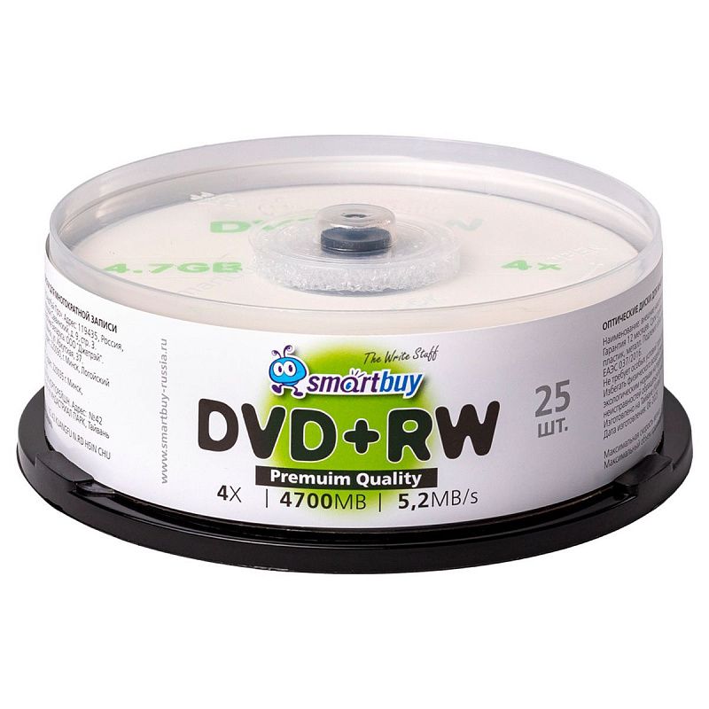 Диск DVD+RW 4.7Gb Smart buy 4x Cake Box (25шт)