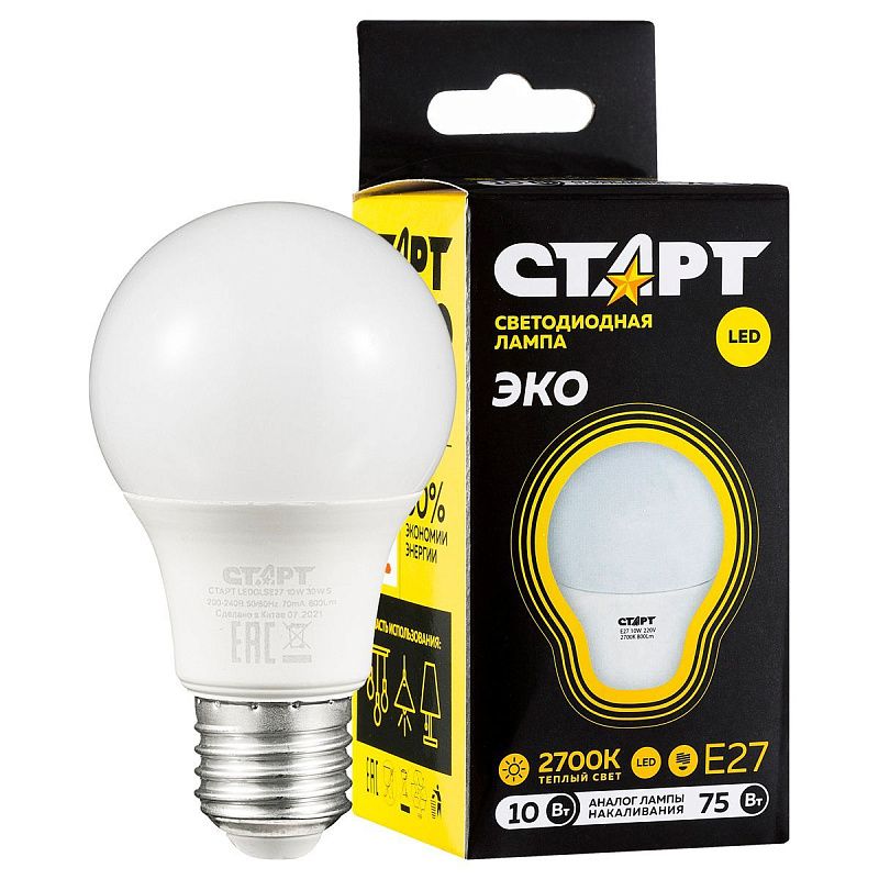 Лампа светодиодная Старт LED, серия "WS" 10W30, тип А "груша", E27, 2700К, теплый свет, 25000ч