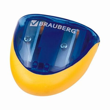Точилка BRAUBERG "Space", 2 отверстия для чернографитных карандашей (в том числе утолщенных), резиновый упор, с контейнером, ассорти, 223589 