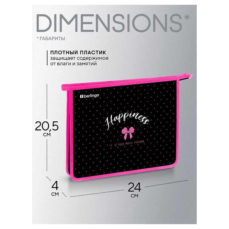 Папка для тетрадей 1 отделение, А5 Berlingo "Happiness", 240*205*40мм, пластик, на молнии 