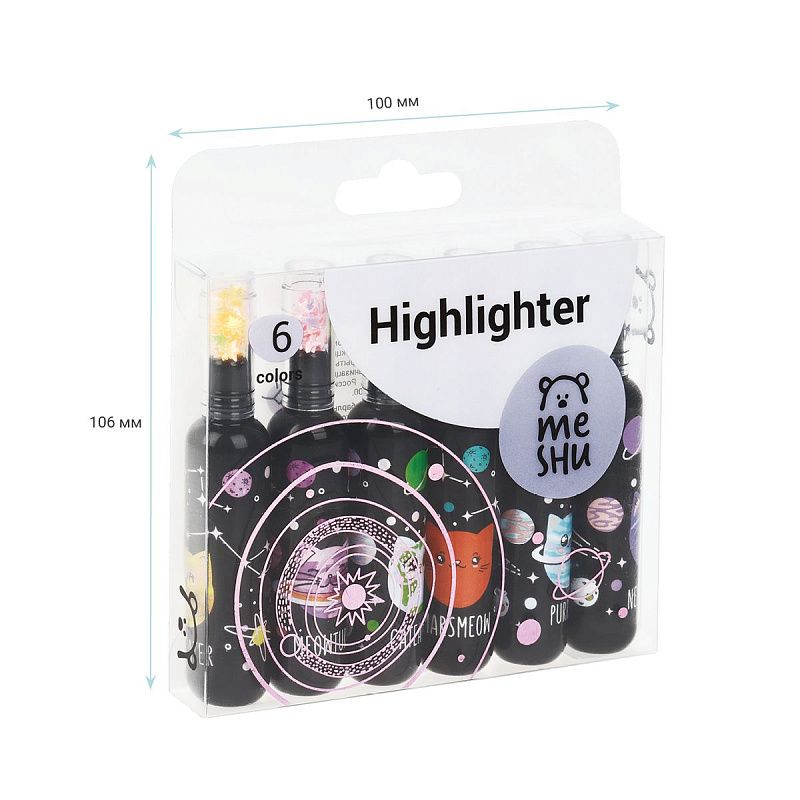 Набор текстовыделителей MESHU "Meowspace" 06цв., неоновые цвета, 1-5мм, ПВХ бокс с европодвесом 