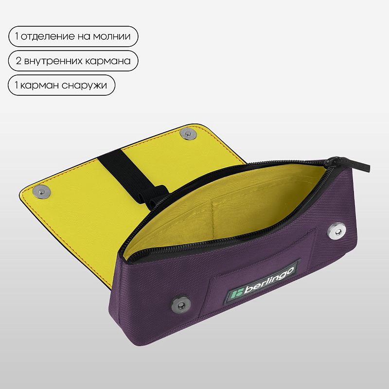 Пенал мягкий 1 отделение, 215*90*45 мм, Berlingo "Purple focus", полиэстер, внутренний органайзер, магнит 