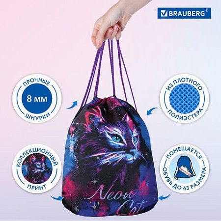 Мешок для обуви BRAUBERG PREMIUM, карман, подкладка, светоотражайка, 43х33 см, "Neon cat", 271621 