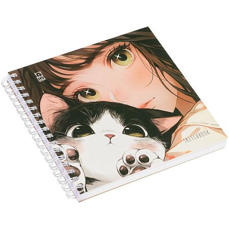 Скетчбук 60л., 150*150 MESHU "Сat girl", на гребне, soft-touch, 120г/м2