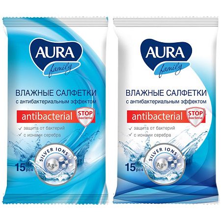 Салфетки влажные Aura "Family", 15шт., антибактериальные 