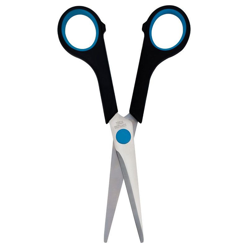 Ножницы OfficeSpace 16см, черные с синими вставками, ПВХ чехол с европодвесом