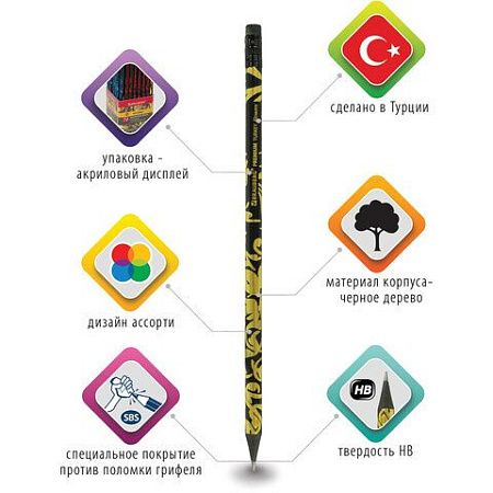 Карандаш чернографитный BRAUBERG "PREMIUM TURKEY", 1 шт., "Flowers", НВ, ассорти, дисплее, 181562 