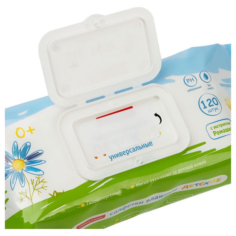 Салфетки влажные OfficeClean "Детские", 120шт., универсальные очищающие, клапан-крышка 