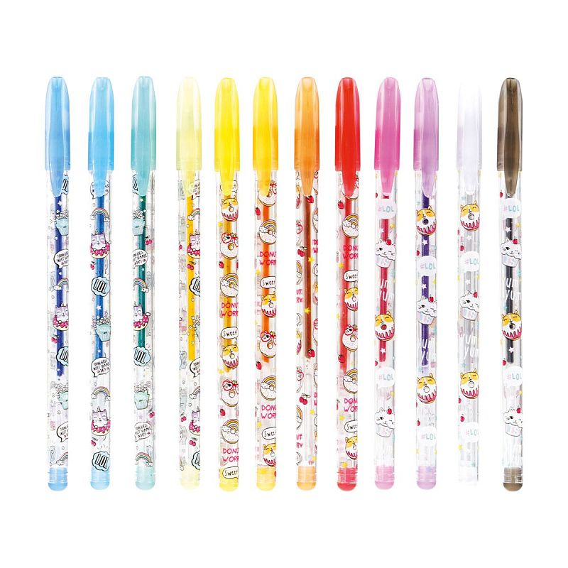 Набор гелевых ручек ArtSpace "Кот-сластена" 12цв., 1,0мм, с блестками, ПВХ чехол 
