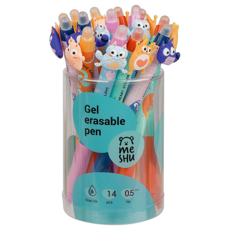 Ручка гелевая стираемая автоматическая MESHU "Cool cats" синяя, 0,5мм, корпус ассорти, с топпером 