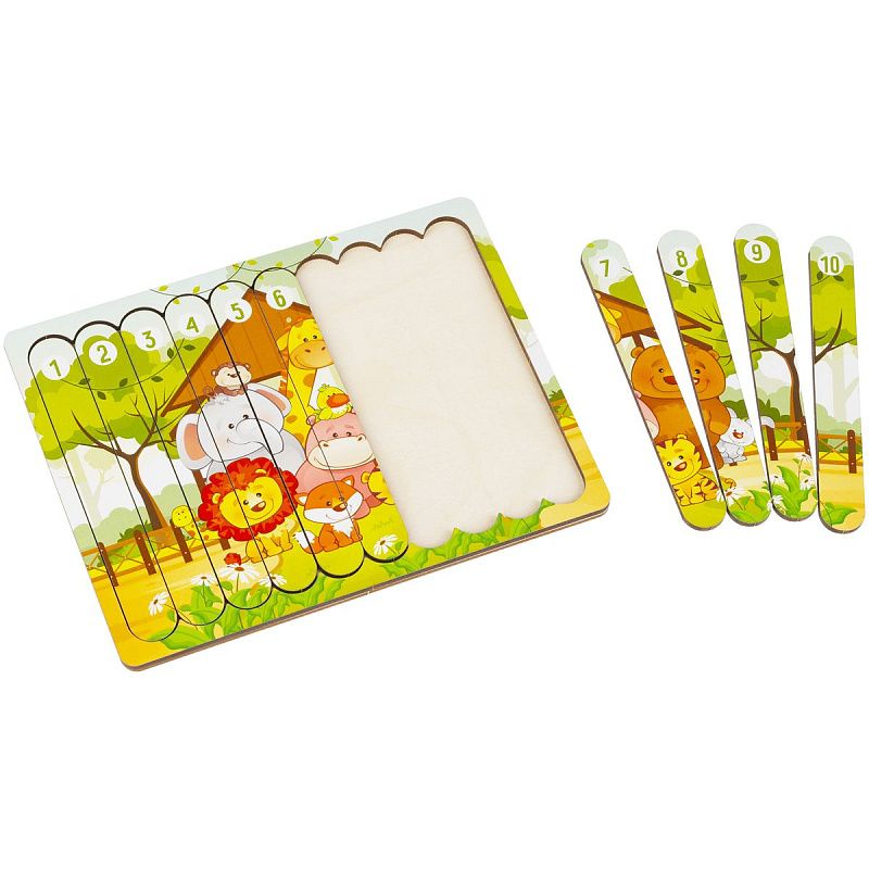 Деревянный пазл - палочки ТРИ СОВЫ "Зоопарк", 10 деталей на подложке, фанера 