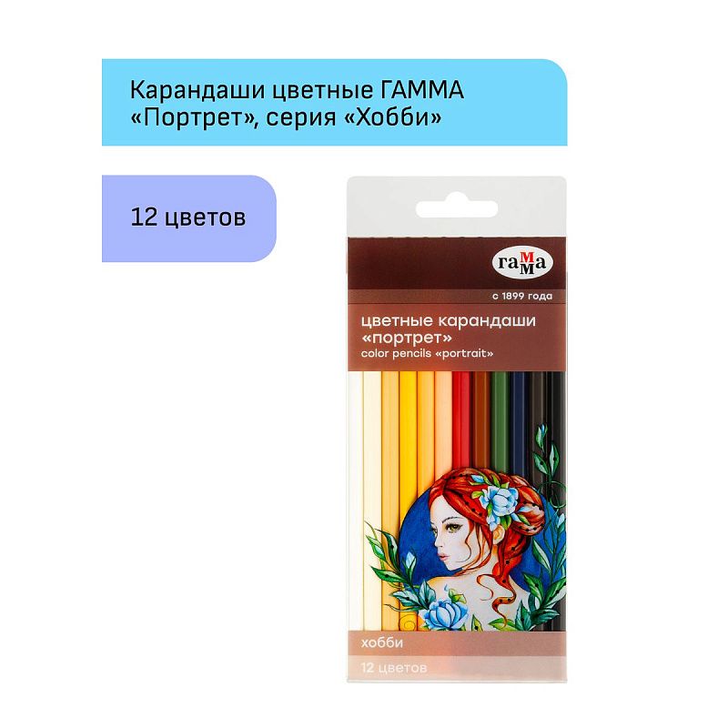 Карандаши цветные Гамма "Хобби. Портрет", 12цв., заточен., ПВХ, европодвес