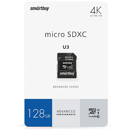 Карта памяти SmartBuy MicroSDXC 128GB PRO U3 Advanced, Class 10, скорость чтения 90Мб/сек (с адаптером SD)