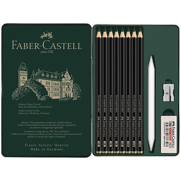 Набор карандашей ч/г матовых Faber-Castell "Pitt Graphite Matt" HB, 2B, 4B, 6B, 8B, 10B, 12B, 14B, заточ, ластик, метал.точилка, растушевка, метал.кор