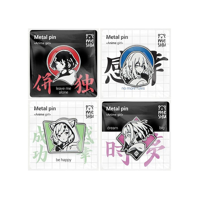 Набор металлических значков MESHU "Anime girls", эмаль, 4шт, картонная подложка, европодвес