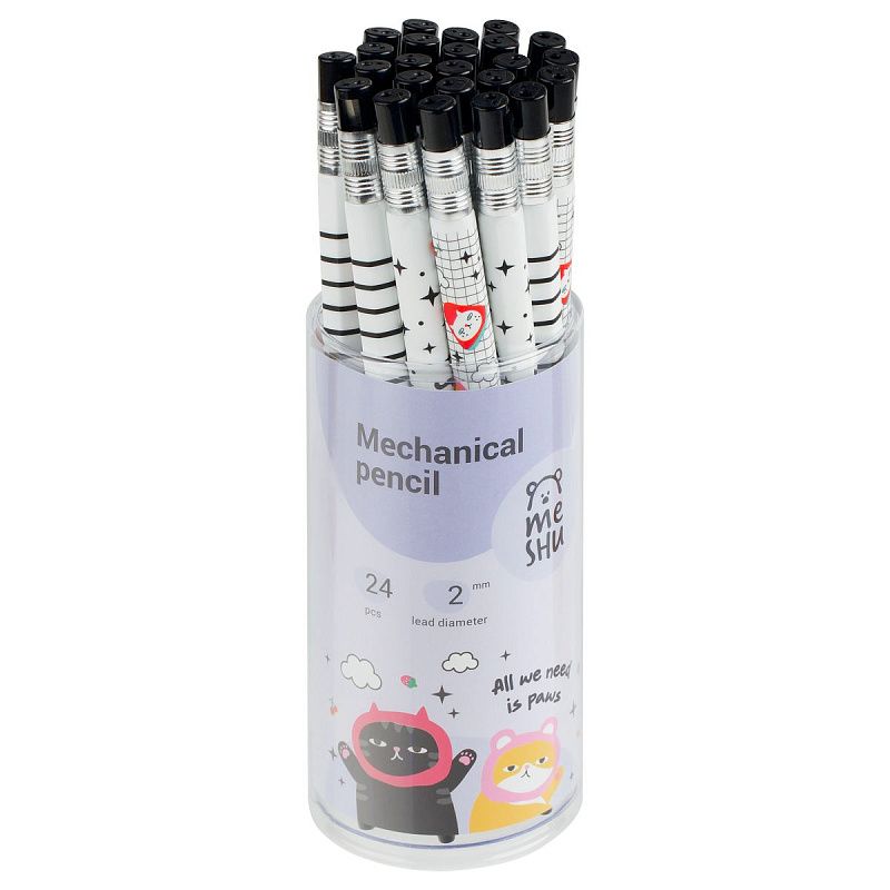 Карандаш механический MESHU "Relax Cat", печать на корпусе, 2,0мм, софт-тач, ассорти, с точилкой для грифеля 