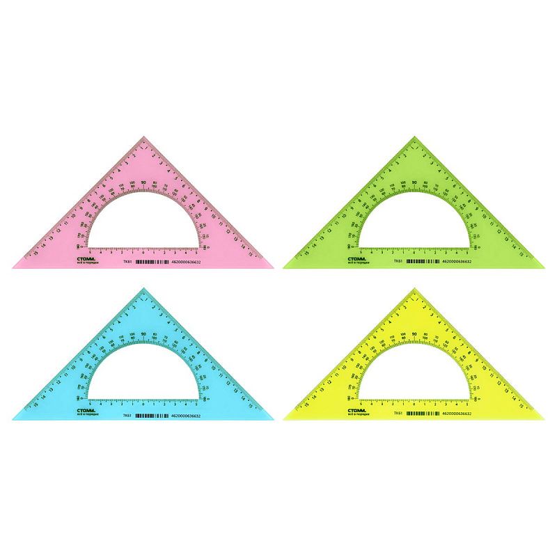 Треугольник 45°, 16см СТАММ, пластиковый, с транспортиром, прозрачный, неоновые цвета, ассорти 