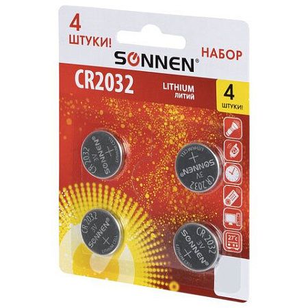 Батарейки литиевые SONNEN Lithium CR2032, "таблетки, дисковые, кнопочные", КОМПЛЕКТ 4 шт., блистер, 457142
