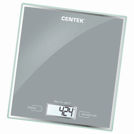 Весы кухонные CENTEK CT-2462 SILVER, электронный дисплей, max вес 5 кг, тарокомпенсация, стекло, CT-2462 Silver