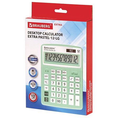 Калькулятор настольный BRAUBERG EXTRA PASTEL-12-LG (206x155 мм), 12 разрядов, двойное питание, МЯТНЫЙ, 250488