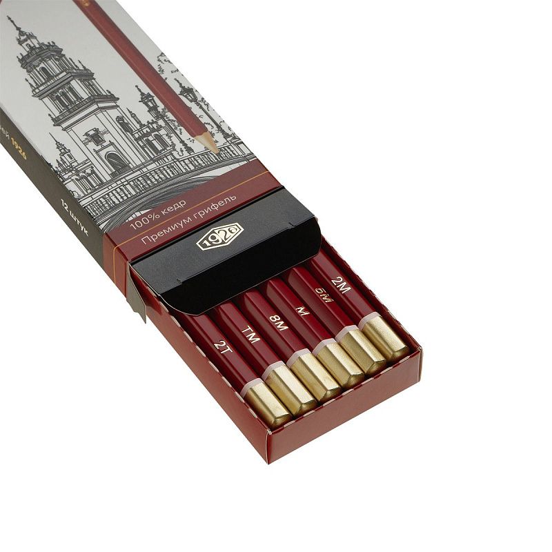 Набор карандашей ч/г Красин "1926" 12шт., 2Т(Н)-8М(B),  КЕДР,  заточен., карт.пенал, европодвес 