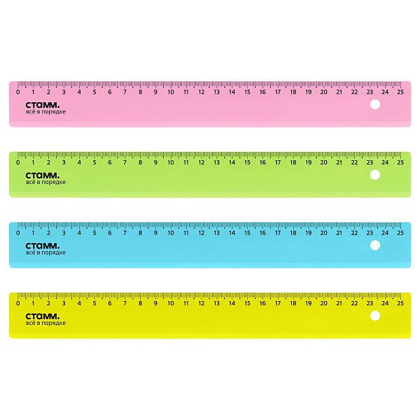 Линейка 25см СТАММ, пластиковая, прозрачная, неоновые цвета, ассорти