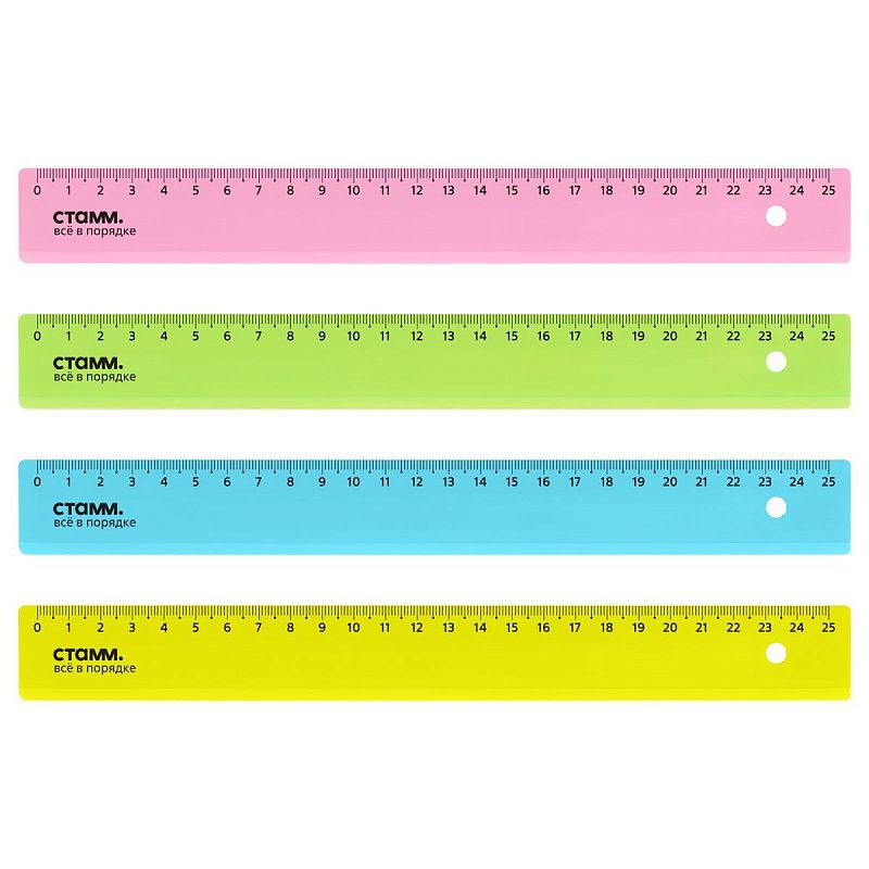 Линейка 25см СТАММ, пластиковая, прозрачная, неоновые цвета, ассорти
