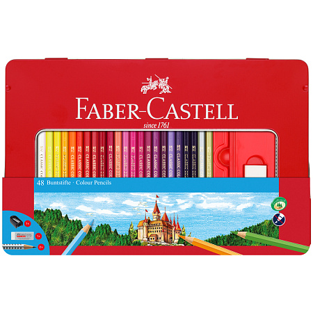 Карандаши цветные Faber-Castell "Замок", 48цв., трехгран., заточ.+2ч/г кар. Grip+ластик+точилка, метал. коробка