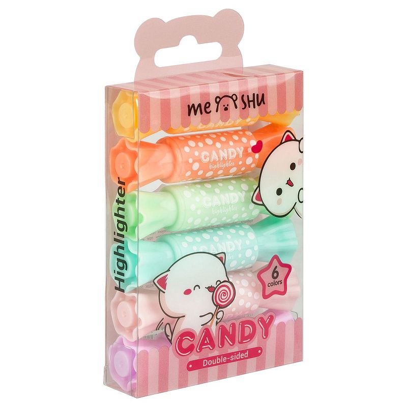 Набор текстовыделителей двусторонних MESHU "Candy", 06цв., пастельные цвета, 2/4мм, ПВХ бокс с европодвесом 