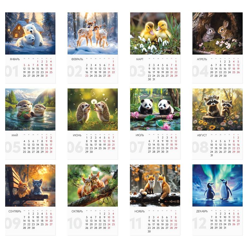 Календарь настенный перекидной на гребне, 340*480 мм 6л. BG "Зверята", 2026г.