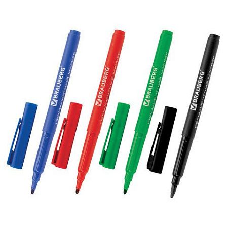 Маркеры перманентные BRAUBERG "CLASSICLine", НАБОР 4 ЦВЕТА, тонкий наконечник 1 мм, 150295 