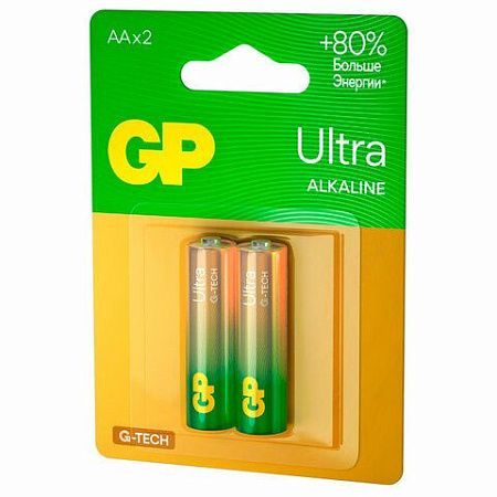 Батарейки КОМПЛЕКТ 2 шт., GP Ultra G-Tech, AA (LR6,15А), алкалиновые, пальчиковые, 15AUA21-2CRSBC2