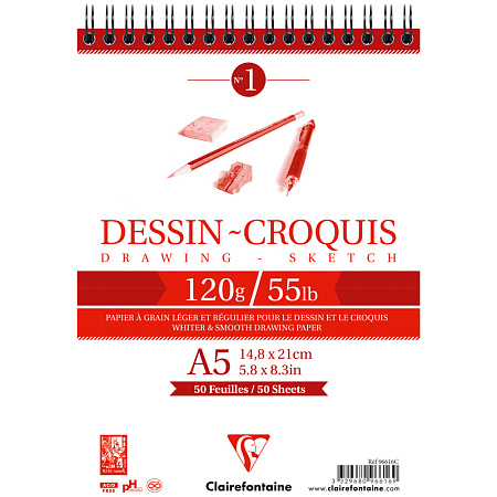 Скетчбук 50л., А5 Clairefontaine "Dessin croquis", на гребне, 120г/м2